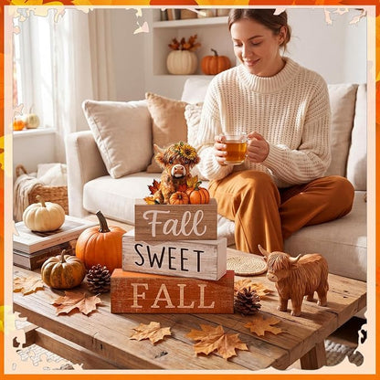 Moucuny 4 Pcs Fall Decoration for Highland Cow Home Fall Table Decor Wooden - Image 4