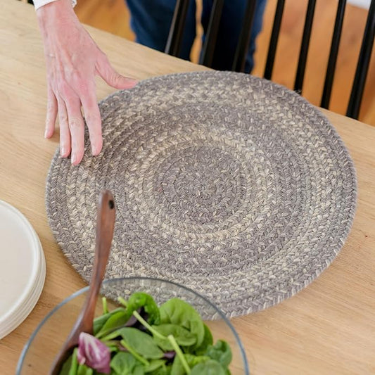 Homespice Grey Cloud Round Braided Placemats, Warm Farmhouse Decor, Set of 2, 15", Grey Jute Table Mats - Vibrant Colors, Durable, Easy to Clean and Protects Furniture