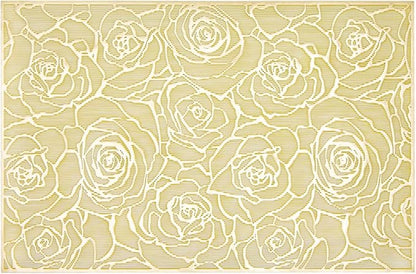 Gold Placemats Set of 6 Rectangle Pressed Vinyl Metallic Flower Place Mats Hollow-Out Rose Heat Resistant Waterproof Oil-Proof Table Mats Decorative for Kitchen Table Holiday Wedding Party Decor