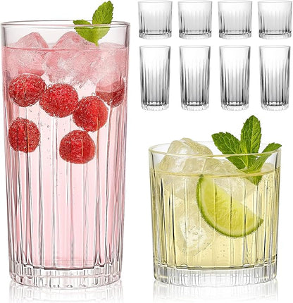 Laerjin Drinking Glasses Set of 8, 12 oz Highball Glasses & 10 oz Cocktail by Laerjin
