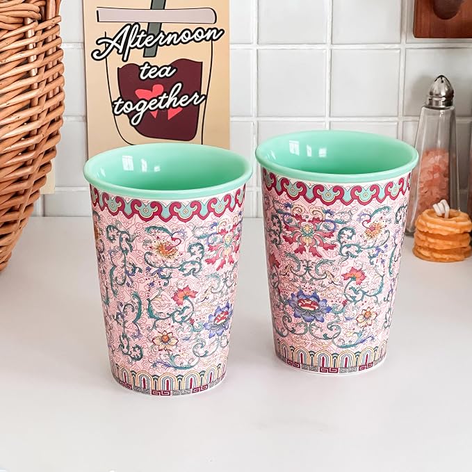 Pink Floral Ceramic Mugs, 12oz Flower Coffee Mug Set of 2, Rose Porcelain Cups - Image 6
