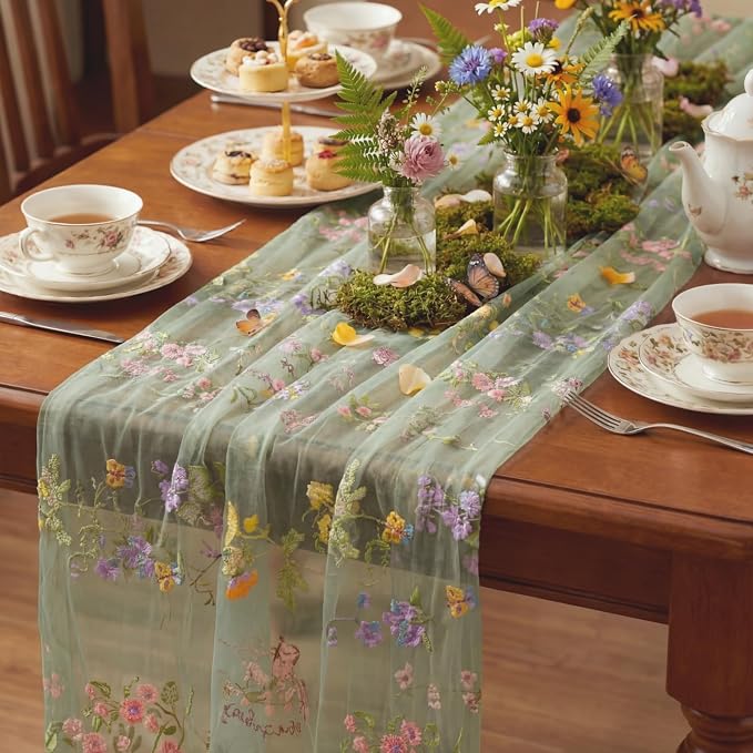 Sage Green Floral Table Runner 10ft Embroidery Tulle Spring Wildflower Table by Windkream