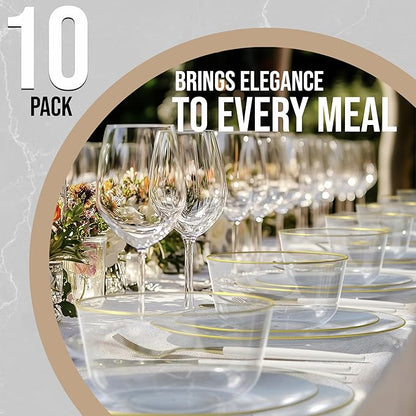 Trendables Clear Plastic Bowls - 24 Oz Set of 10, Gold Rimmed, Fancy Serving Bowls - Perfect for Ice Cream, Salad, Candy