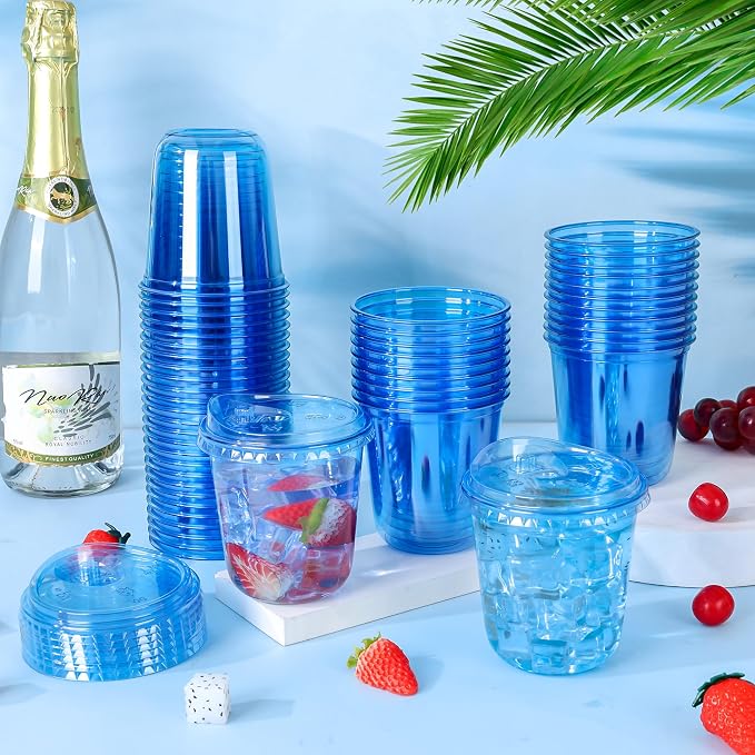 KesaPlan 50 Pack 12 oz Blue Round Bottom Plastic Party Cups - Image 2