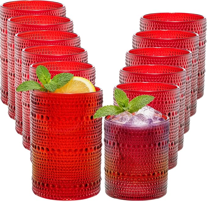 XKXKKE Red Hobnail Beaded Drinking Glasses Set of 12, 12 oz & 15oz Vintage by XKXKKE