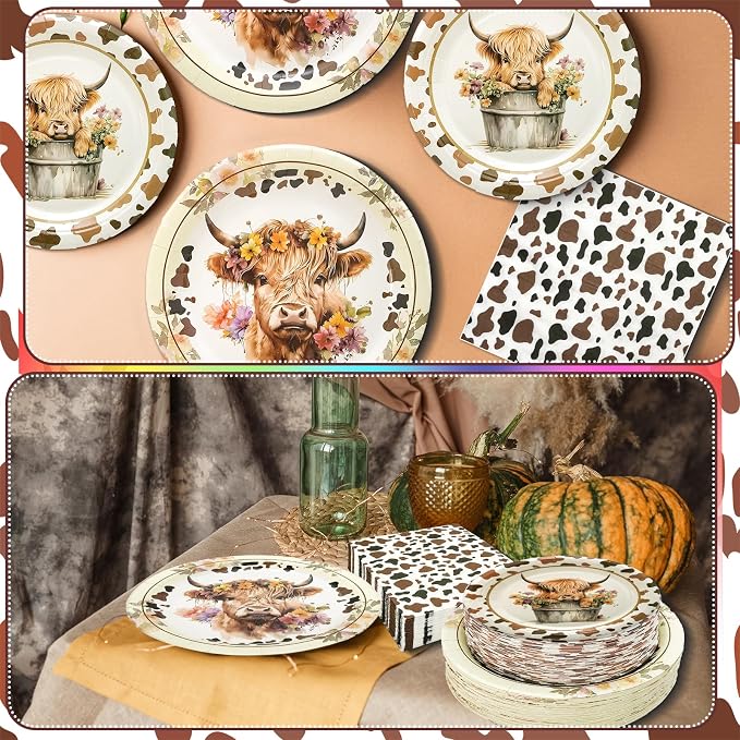 180PCS Highland Cow Paper Plates and Napkins Party Supplies Serve 60 | Brown - Image 4
