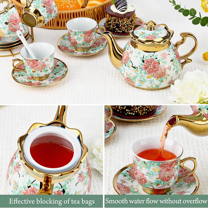 20 Pcs Porcelain Tea Set with Metal Holder, Adult Tea Set Gift, European - Image 4