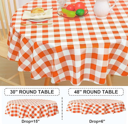 misaya Round Waterproof Vinyl Table Cloth, Buffalo Flannel Backed Tablecloth, Wipeable Plastic Table Cover for Dinner, Kitchen, Picnic (60", Orange and White)