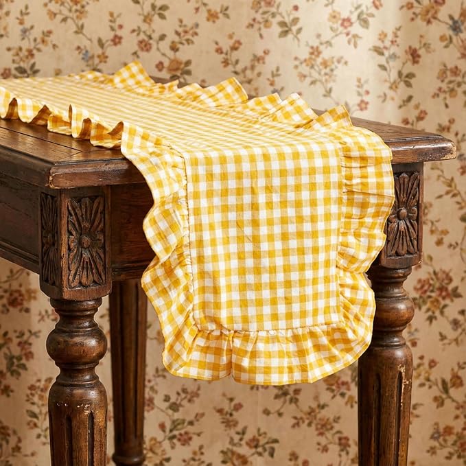 HunnmingRe 1 Pc Gingham Table Runner Yellow, 118 X 13.8 Inch | Cotton Dresser by HunnmingRe