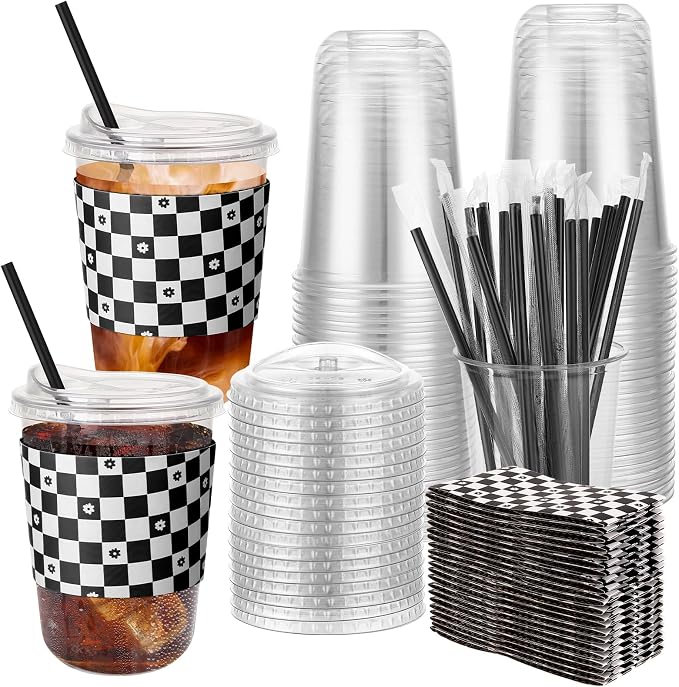 50 Sets 16 Oz Clear Plastic Coffee Cups by Ovveroche