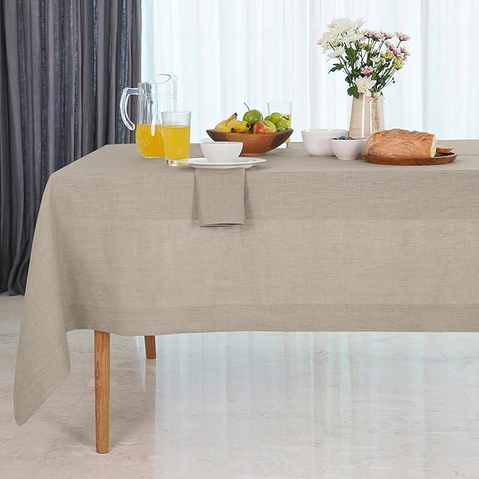 D'Moksha Homes Linen Natural Tablecloth 60 x 102 Inch - 100% Pure Linen Rectangular Table Cloth - Machine Washable Tablecloth for Valentines, Spring, Easter