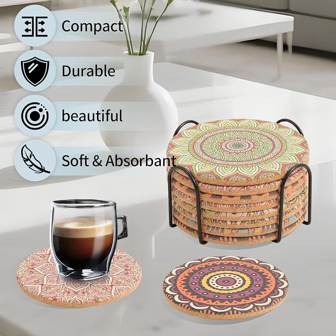 Cork Coasters Set of 8 with Holder, Colorful Drink Coasters - Image 6