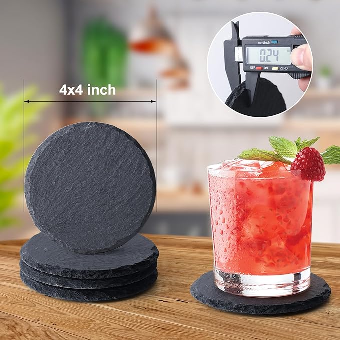 Slate Coasters Set of 72,4-Inch Black Round Stone Drink Coasters with Scratch-Resistant Backing, Durable Tabletop Protection for Home Office Kitchen, Ideal Housewarming Wedding Gifts