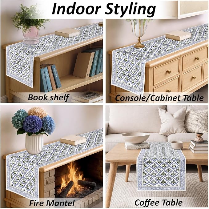 Light Steel Blue Hand Block Print 100% Cotton Table Runner 16x90 Inch | Perfect - Image 6