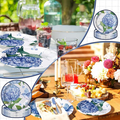 48 Pcs Hydrangea Paper Plates Set 9" 7" Summer Watercolor Disposable Plates Decorative Dinner Birthday Party Tableware for Baby Shower Party Supplies