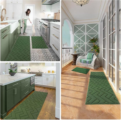 hicorfe Kitchen Rugs and Mats Sets,2 Pieces Super Absorbent Polypropylene Non-Slip Rug,Soft Comfort Floor Mat,Washable for Kitchen,Hallway,Office,Sink,Laundry(20" x 32" + 20" x 48",Green)