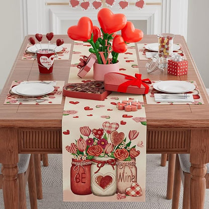 XCHI Roses Flowers Love Hearts Vase Valentine’s Day Table Runner Table Decoration for Party Home Kitchen Dining Dinner Holiday Decor 13x48 Inch