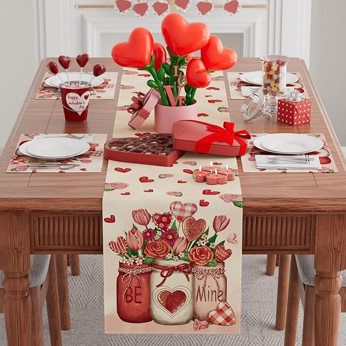 XCHI Roses Flowers Love Hearts Vase Valentine’s Day Table Runner Table Decoration for Party Home Kitchen Dining Dinner Holiday Decor 13x72 Inch