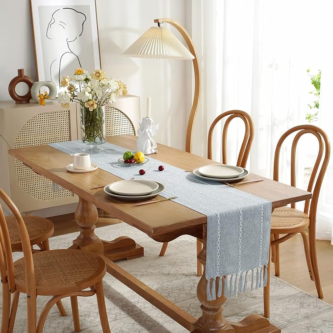 Wracra Rustic Linen Table Runner, Dusty Blue Table Runners 90 inches Long | - Image 3