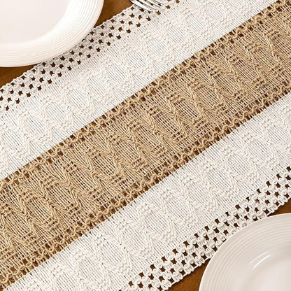 Ivory & Burlap Boho Table Runner Farmhouse Woven Table Runner 12x72 Inch | - Image 6