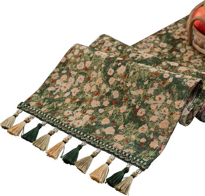 Ditsy Floral Table Runner Small Daisy Green 13 x 48 Inch | Jacquard Weave by HomeyHo