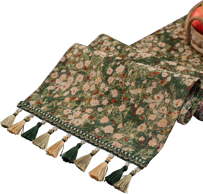 Ditsy Floral Table Runner Daisy Green 13 x 86 Inch | Jacquard Weave Pattern by HomeyHo
