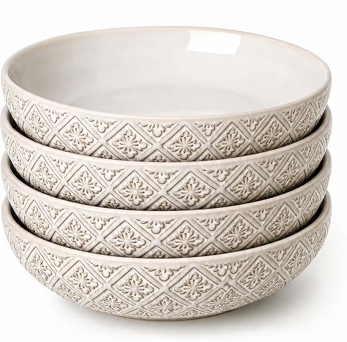 22 Oz Pasta Bowls Set of 4, Ceramic Soup Bowls, 8 inch Large Serving Bowl by FEENMAICeramicHome
