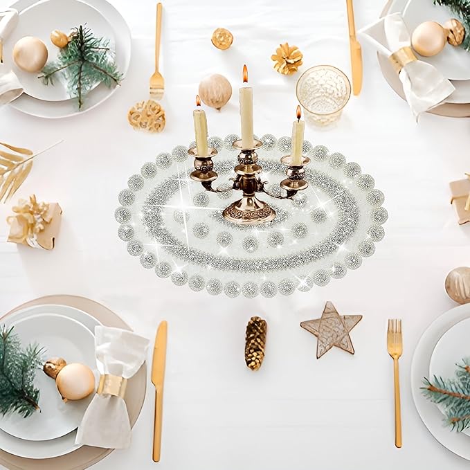 Sparkling Silver Diamond Placemats Bling Oval Place Mat Heat Elegant Table Decor for Weddings, Holidays, and Special Events (15x9 Inch)-6 PCS