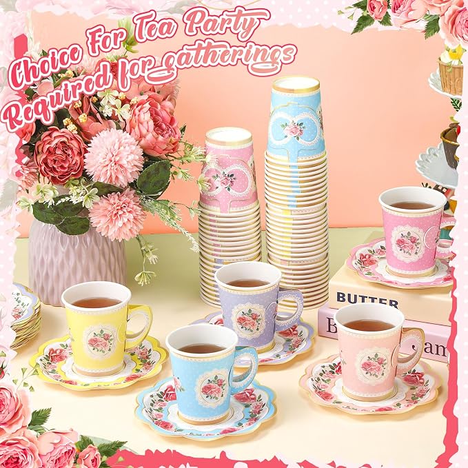 Tioncy 100 Pcs Tea Party Decorations Include 50 Pieces 9 oz Paper Tea Cups - Image 4