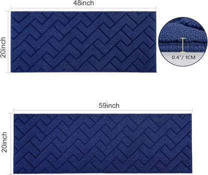 hicorfe Kitchen Rugs and Mats Sets,Non-Slip 2 Pieces Absorbent 100% Polypropylene Rug,Comfort Kitchen Runner Mat,Washable for Kitchen,Sink,Laundry(20" x 48" Plus 20" x 59",Navy Blue)