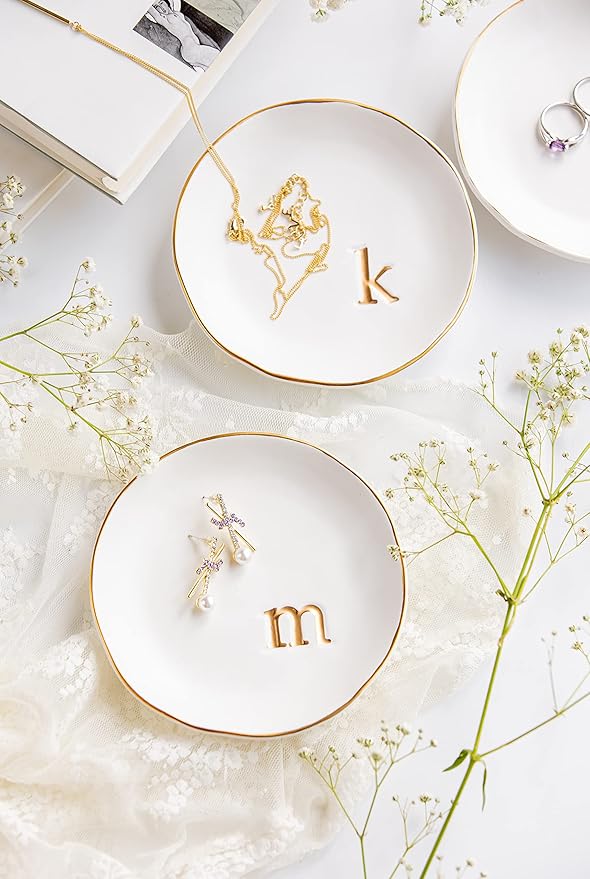 COLLECTIVE HOME - Ceramic Jewelry Tray, Decorative Trinket Dish for Rings Earrings Necklaces Bracelet Watch Keys, Birthday Mother's Day Christmas Gift for Women, 4.75", White Surface (B)