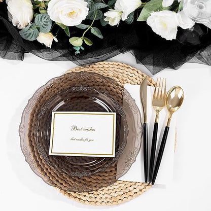 U-QE 100PCS Clear Black Plastic Plates - Heavy Duty Black Disposable Plates Including 50PCS 10'' Dinner & 50PCS 7.5'' Dessert Plates - Hard Plastic Platos for Party & Wedding & Bridal Shower