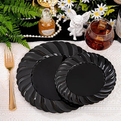 U-QE 100PCS Black Plastic Plates, Heavy Duty Black Disposable Plates Including 50PCS 9inch Dinner Plates & 50PCS 6.5inch Dessert Plates -Hard Plastic Plates for Party Wedding Bridal Shower