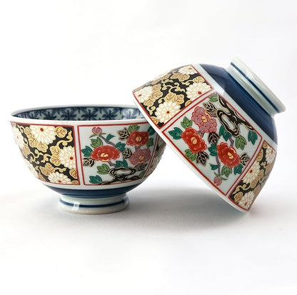 Japanese Blue and White Floral Porcelain Rice Bowl Set, 4.5 inch Small Decorative Japanese Bowl, Vintage-Style Asian Tableware, 2-Piece Porcelain Rice Bowls for Serving Rice or Side Dishes