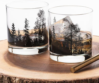 Black Lantern Whiskey Glass Set – Forest Landscape Old Fashioned Tumblers for Bourbon, Scotch & Cocktails – Nature Inspired 11oz Rocks Glasses for Home Bar & Gifts (Set of 2)