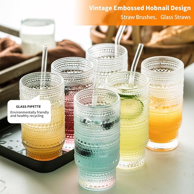 KEMORELA Vintage drinking glasses set of 6, Large 16oz Hobnail Glassware Set - Image 6
