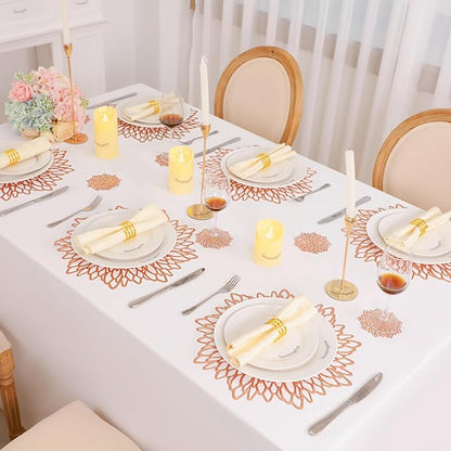 Snowkingdom 12 Pack Rose Gold Placemats Metallic Pressed Vinyl for Mother's Day Table Decoration Dinning Mats Bulk Round Floral Charger for Wedding Valentine's Day Christmas Holiday