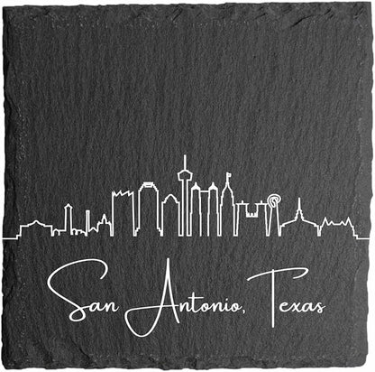 Blue Ridge Mountain Gifts - San Antonio TX Skyline Coasters, Set of 4 - San Antonio Texas Souvenir, Slate Coasters with Minimalist Skyline, Housewarming Gift for Friends, Family, & Neighbors
