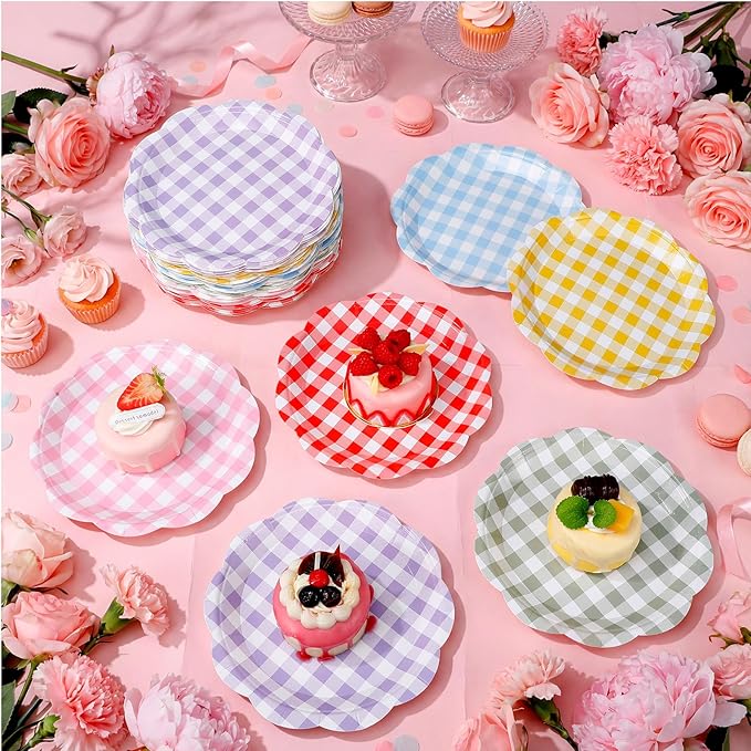 Umigy 120 Pcs Gingham Party Plates 7 Inch Colorful Paper Plates, Spring Gingham Disposable Decorative Tableware for Birthday Wedding Baby Shower Tea Party Bridal Shower