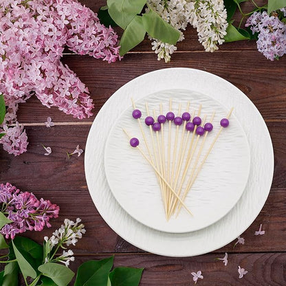 Minisland Purple Pearl Cocktail Picks, 4.7 Inch Long Bamboo Fancy Toothpicks for Appetizers, Decorative Bridal Wedding Holiday Party Food Drink Garnish Fruit Kabob Skewer Sticks 100 Counts - MSL454