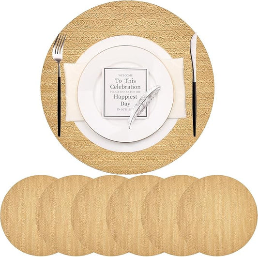 PIGCHCY Round 15" Water-Resistant Placemats Set of 6, Premium Faux Leather Placemats PVC Easy Clean Table Mats for Hotels Outdoor Dining, Wedding Decor (Golden Beige)