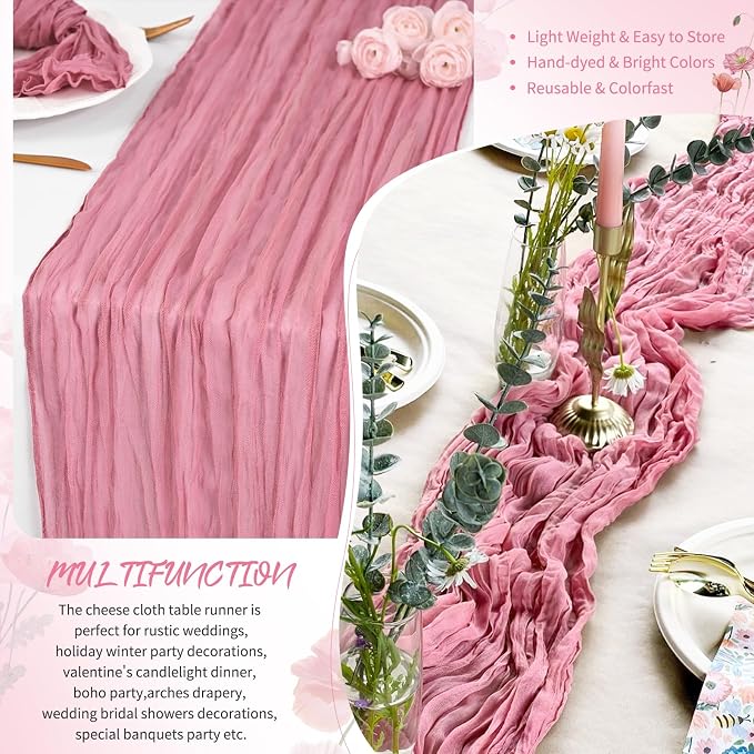 Showgeous 4 Pack Dusty Rose Cheesecloth Table Runner, 17 x 108 Inches | Boho - Image 5