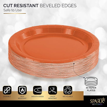 Disposable Paper Plates Orange, 7 Inch Paper Dessert Plates, Strong and Sturdy Disposable Plate for Party, Dinner, Holiday, Picnic, or Travel Party Plate, Pack of 50