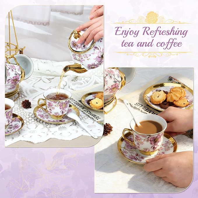 20 Pcs Porcelain Tea Set With Metal Holder, - Image 4