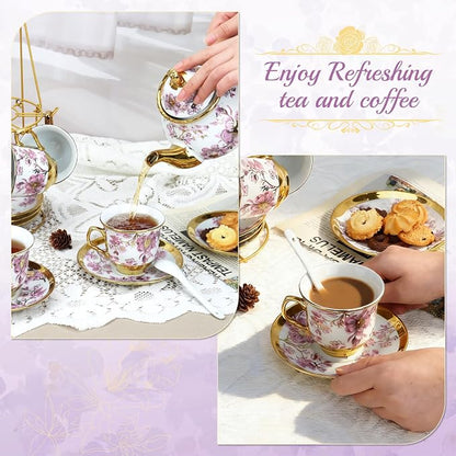 20 Pcs Porcelain Tea Set With Metal Holder, - Image 4