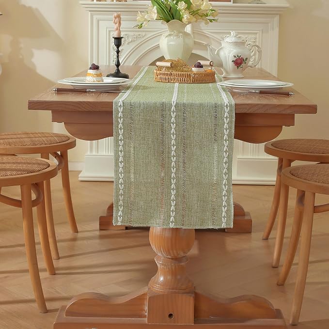Sage Green Boho Cotton Linen Table Runner, Farmhouse Woven Table Runners Spring - Image 7