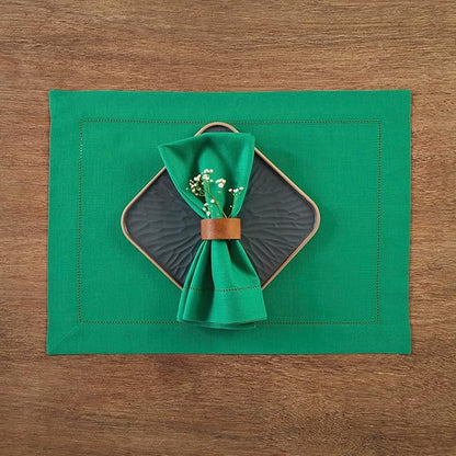 Solino Home Linen Cloth Placemats Set of 4-100% Pure Linen Hemstitch Emerald Green Placemats 14 x 19 Inch - Classic Hemstitch Table Place Mats for St Patricks Day
