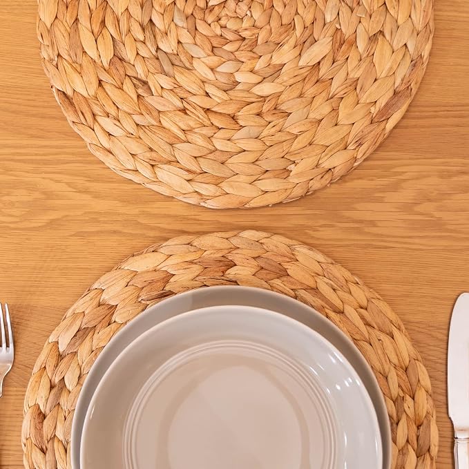 YANGQIHOME 6 Pack, Round Woven Placemats, Natural Water Hyacinth Wicker Place - Image 8