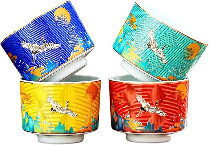 Chinese Tea Cups Set of 4, Crane Pattern Enamel Ceramic Cup, 4.3 oz | Handleless by HOHCNA