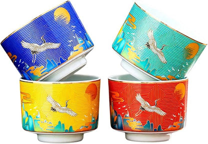 Chinese Tea Cups Set of 4, Crane Pattern Enamel Ceramic Cup, 4.3 oz | Handleless by HOHCNA